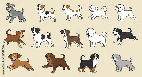 Adorable dog breeds collection featuring miniature schnauzer, jack russell terrier, and bichon frise puppies. This charming illustration showcases diverse canine companions,