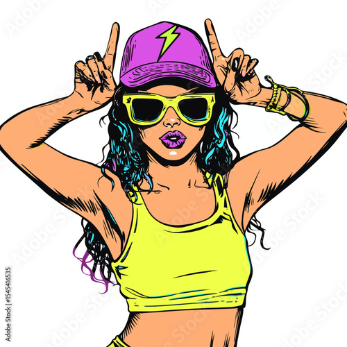The image features a sexy young girl in a baseball cap and glasses, making a rock n roll gesture with one hand and expressing herself with an open mouth and tongue, all in a retro comic pop art style