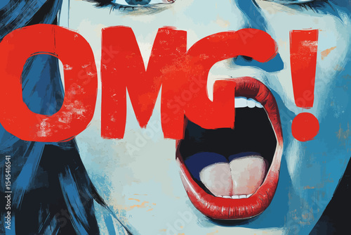 The image depicts a close-up of an open female mouth screaming, with a speech bubble and announcement that reads OMG!, all presented on a vibrant and modern background reminiscent of comic retro pop