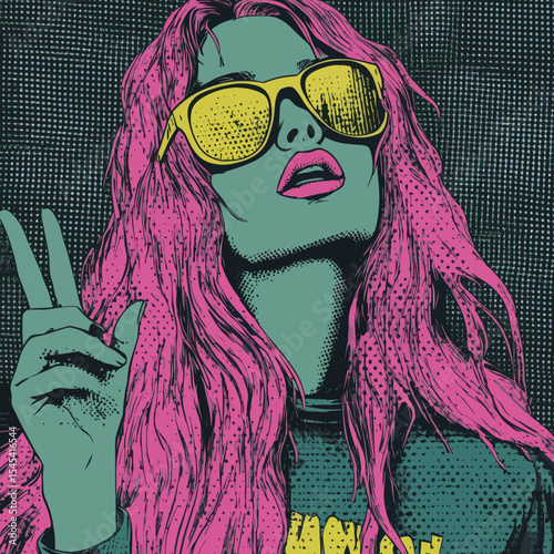The image depicts a surprised, sexy woman with curly pink hair and an open mouth, clutching sunglasses that reflect the word 'wow', all presented in a vibrant, pop art-inspired retro comic aesthetic
