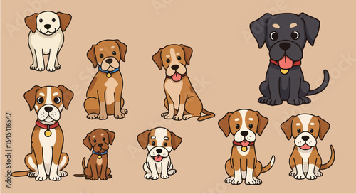 Adorable dogs collection. Cute puppies and adult dogs sitting.  Illustrations of playful canine friends perfect for pet adoption websites.