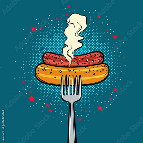 Grilled sausage is shown on a fork, illustrated in a retro pop art comic manner