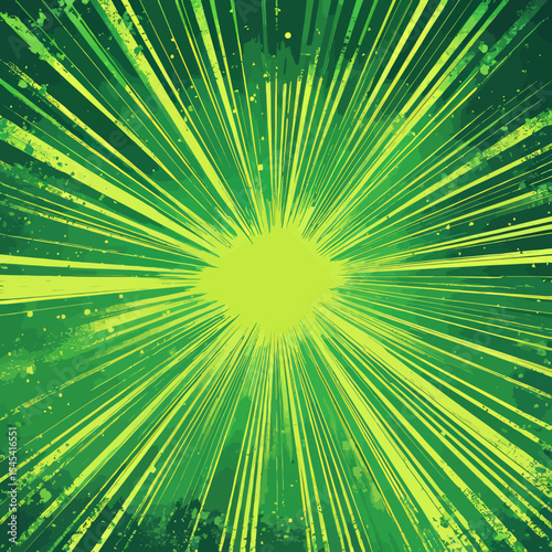 A green retro background is depicted in a pop art comic book style with exploding rays