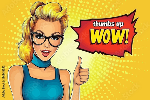 The image features a sexy young woman with curly blonde hair and glasses, her mouth agape in surprise, accompanied by a speech bubble, all presented in a vibrant pop art retro comic style on a bright