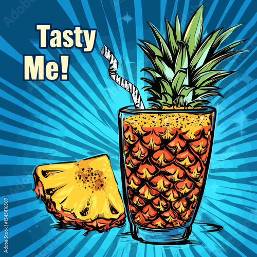 The image depicts a tropical cocktail in a pineapple, garnished with an orange slice and accompanied by drinking straws and a cocktail umbrella, set against a pop art background with a 'Try me'