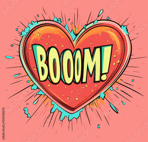 The pop art style illustration depicts a cloud with an explosive callout for dialogue, including boom text, set against a white background and incorporating a closeup heart in halftone