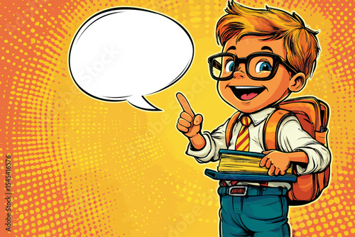 The image of a cute school boy in glasses with a backpack full of notebooks and a wow face is shown with his mouth open, pointing to a blank speech bubble in a modern illustration that blends retro
