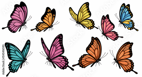 Colorful butterflies collection.  Bright butterflies flutter freely, showcasing diverse wing patterns and vibrant colors. This cheerful butterfly image is perfect for spring decorations,