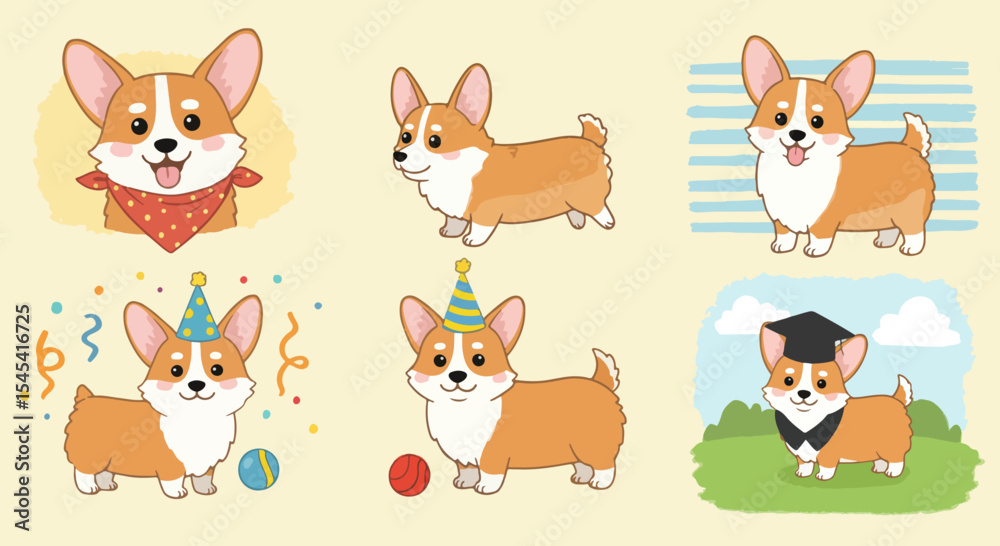 Obraz premium Adorable corgi puppies illustrations set. Collection of cute cartoon corgis in different poses and outfits. Perfect corgi image for greeting cards, party invitations, or children's books.