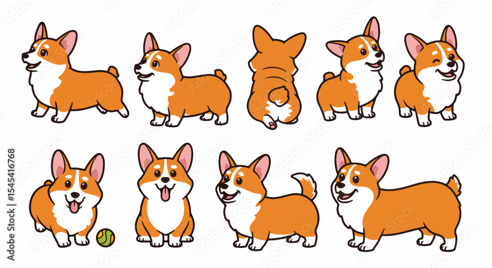 Obraz premium Adorable Pembroke Welsh Corgi dog poses, collection of cute cartoon corgis in different positions. Happy corgi puppy illustrations perfect for pet-themed greeting cards, children's books,