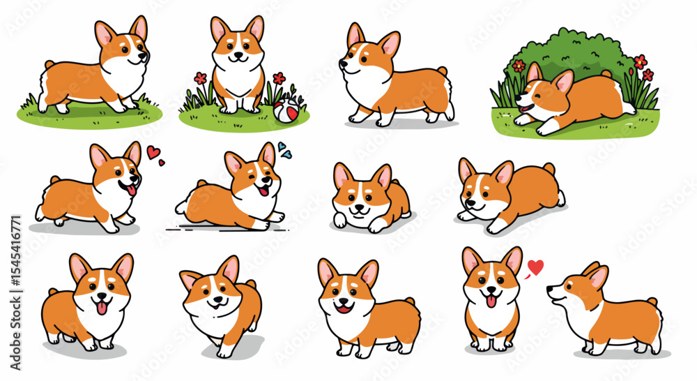Obraz premium Adorable Pembroke Welsh Corgi dog illustrations. Collection of cute Corgi puppies in various poses. Perfect Corgi images for pet blogs, greeting cards, or children's books.