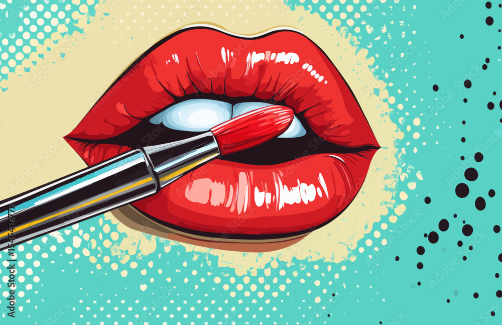 Obraz premium Pop art makeup is depicted in a closeup of a sexy girl painting her lips with lipstick, accompanied by an empty speech bubble