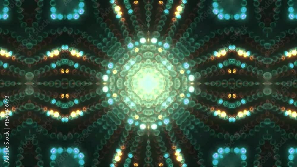 A vibrant kaleidoscopic pattern featuring glowing lights and intricate designs.