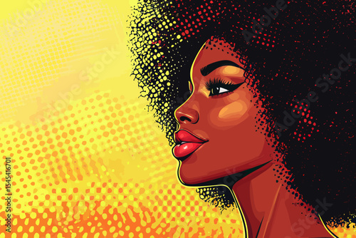 Modern pop art illustration of a sexy young black woman in profile, showcasing an afro hairstyle and big earrings on a halftone background in a retro comic style