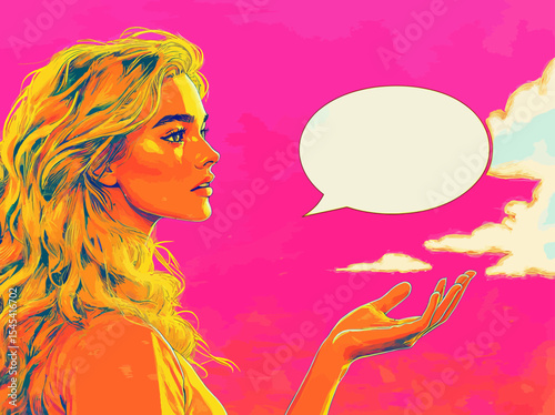 The image features a sexy and surprised young woman with curly blonde hair and an open mouth, set in front of a bright and modern background, illustrated in a pop art retro comic style, accompanied