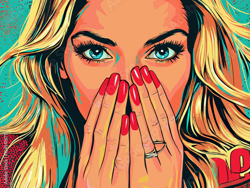 Modern illustration featuring a beautiful woman in a state of surprise, created in the pop art style