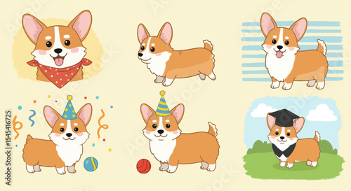 Adorable corgi puppies illustrations set. Collection of cute cartoon corgis in different poses and outfits. Perfect corgi image for greeting cards, party invitations, or children's books.