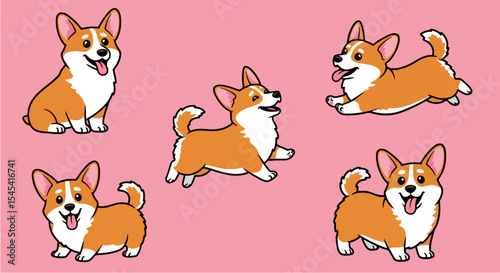 Adorable Pembroke Welsh Corgi dogs in various poses.  Happy Corgi collection includes playful puppies showing different actions. This Corgi illustration is perfect for pet-related projects,