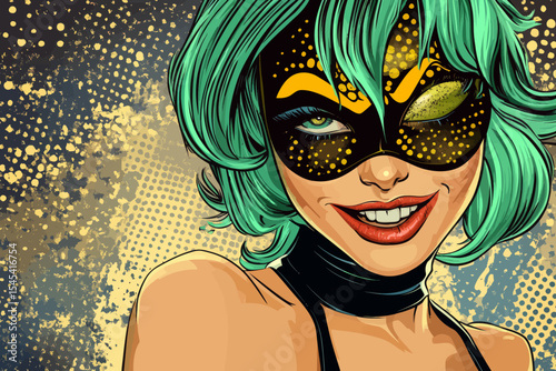 The image showcases a sexy young woman with an open mouth and a surprised look, adorned with a Christmas tree on her head and a carnival mask in her hand, as she winks in a modern and bright
