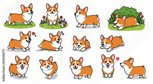 Adorable Pembroke Welsh Corgi dog illustrations. Collection of cute Corgi puppies in various poses. Perfect Corgi images for pet blogs, greeting cards, or children's books.