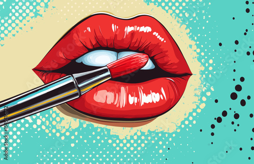 Pop art makeup is depicted in a closeup of a sexy girl painting her lips with lipstick, accompanied by an empty speech bubble