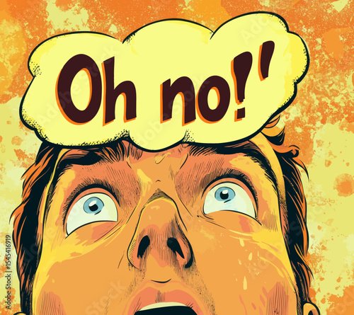 A man in a state of panic, illustrated in a modern pop art comic book style, with terrified eyes and a shocked face, staring at something shocking