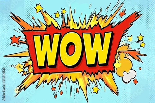 A colored funny cloud font is used to display the words 'wow, boom, bang' within a comic text speech bubble, accompanied by a colored pop art style sound effect, as seen in halftone modern