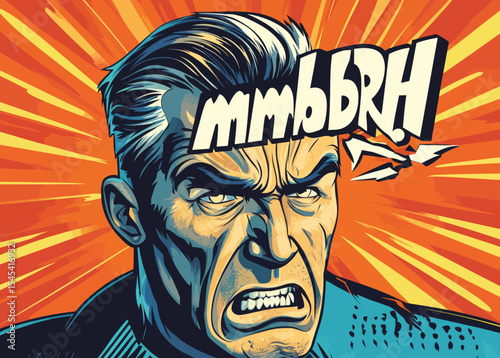 Modern illustration presents a pop art vintage comic book scene of a perplexed and suspicious man thinking and mumbling