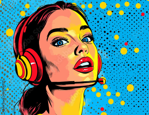 Illustration of a beautiful young woman, donning headphones and engaged in a call, exemplifies the modern comic style and represents a pretty girl working in a call center
