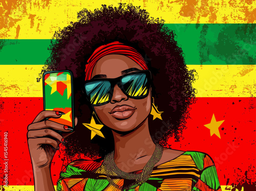 A pop art style illustration features an African American girl making a selfie in front of the national flag of Ghana, an element for sports fan illustrations in mobile and web apps