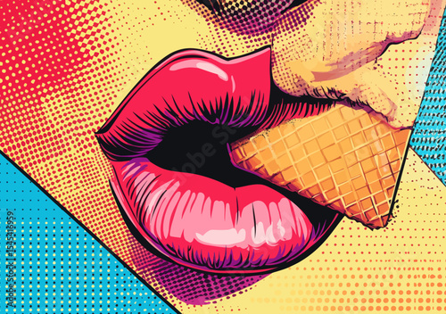 A pop art comics style illustration features a sexy woman licking a tasty ice cream cone with her tongue out, enjoying delicious sweet treats