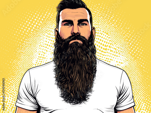 A brutal bearded man is illustrated in a modern pop art style, characterized by his macho demeanor and an extremely long beard that covers the whole picture