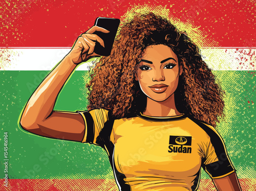 A pop art style illustration features an Asian woman taking a selfie photo in front of Sudan's national flag, designed as an element for sports fan illustrations in mobile and web applications