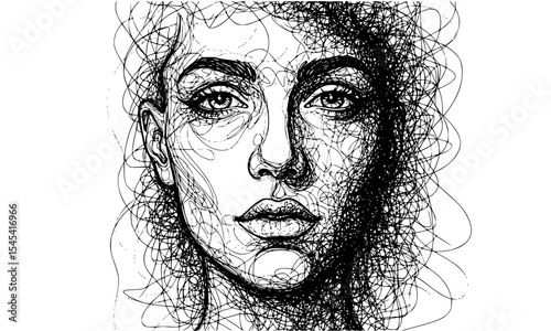Dynamic Line Art Portrait: A Striking Illustration of a Woman's Face with Complex Curly Lines, Emphasizing Depth and Modern Artistic Style
