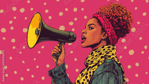 The image of a pop art girl with a megaphone is juxtaposed with a woman holding a loudspeaker on a poster that advertises a sale or discount