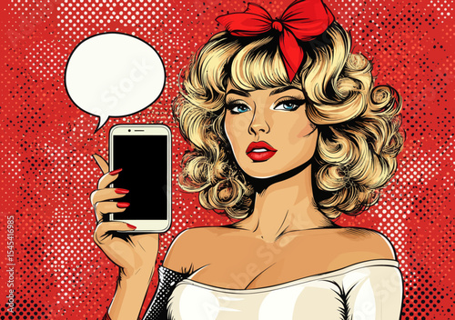 The image portrays an attractive female in a comic style illustration, grasping a phone and exemplifying a woman operating a smartphone