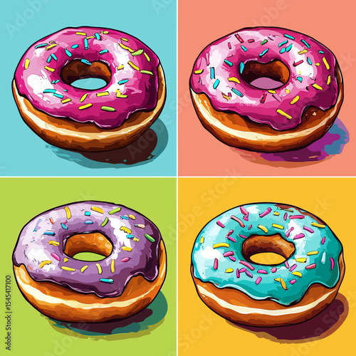 The illustration of a doughnut showcases a pop art style cartoon, complete with a modern color scheme, halftone pattern, and vintage retro aesthetic, as seen in a collection of comic book-inspired
