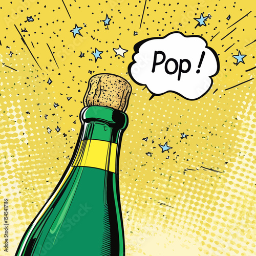 The image of a champagne bottle with a cork in flight and the accompanying Pop word, all rendered in a modern comic book or manga aesthetic