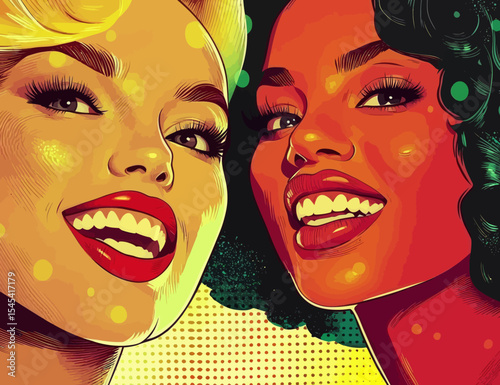 Two beautiful women are captured in a colorful illustration, chatting and exchanging confidences as they talk