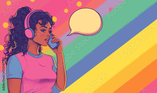 The illustration features a beautiful pin-up girl on the telephone, created in a modern pop art style