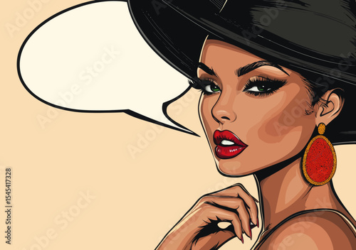 A frame from a comic book depicts a woman with a fashionable style reminiscent of Pop art