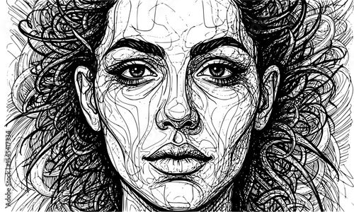 An intricate line drawing of a woman's face, featuring flowing hair and expressive eyes, ideal for modern art and creative design inspirations