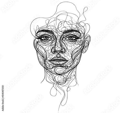 An artistic line drawing of a woman's face, featuring flowing lines and intricate details, ideal for contemporary art and creative projects