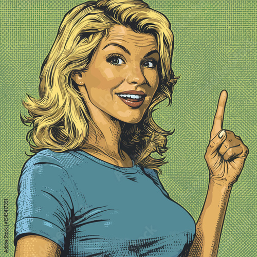 The image features a seductive female figure with squinting eyes and a parted mouth, positioned in front of a modern background that blends comic and retro pop art elements, potentially used as a