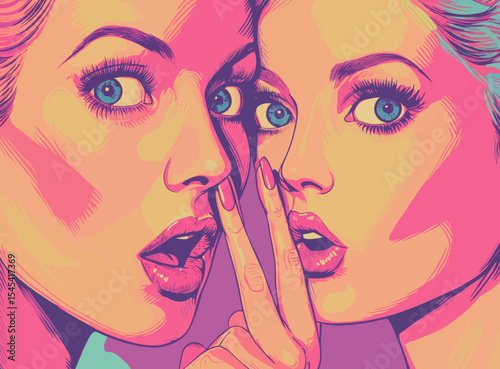 Gossip Girl is shown in a close-up, modern Pop Art style illustration, whispering secrets and spreading rumors through word-of-mouth