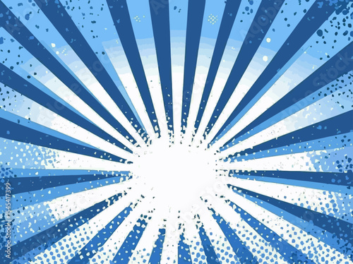 A modern illustration is set against a blue background with retro comic rays, reminiscent of pop art