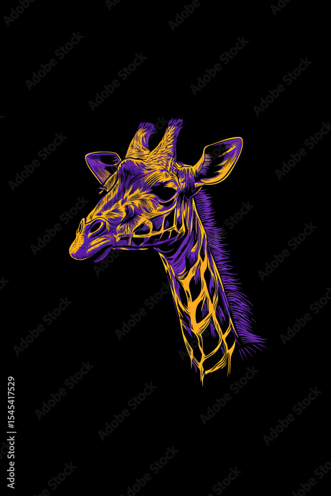 Obraz premium The giraffe is illustrated in a vibrant, abstract pop art style on a deep purple backdrop