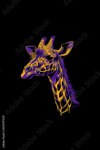 The giraffe is illustrated in a vibrant, abstract pop art style on a deep purple backdrop