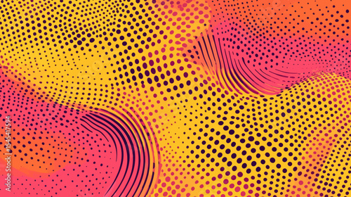 A modern illustration of a backdrop in retro comic style, showcasing a pop art design with orange and magenta tones, halftone dots, and isolated dots