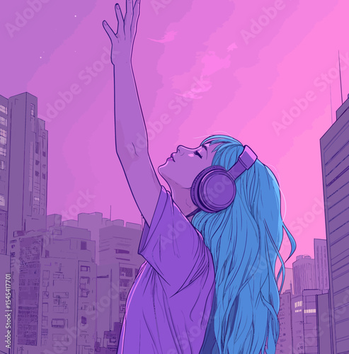 The illustration depicts a beautiful girl looking forward as women wear headphones to listen to music, set against a vibrant city backdrop in a modern comic style
